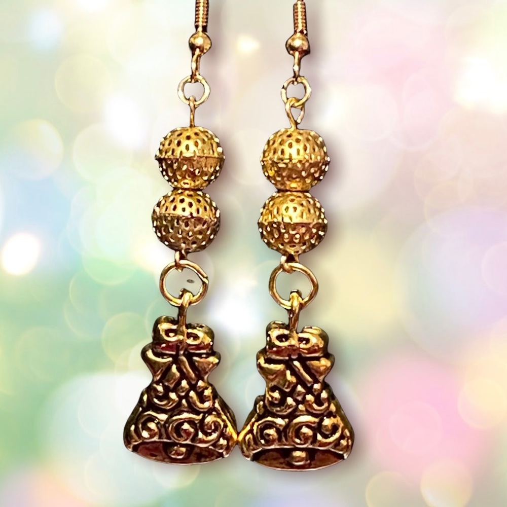 Hand Crafted Earrings Bells Christmas Xmas Gold Balls Handmade Jewelry Pierced - Picture 1 of 6